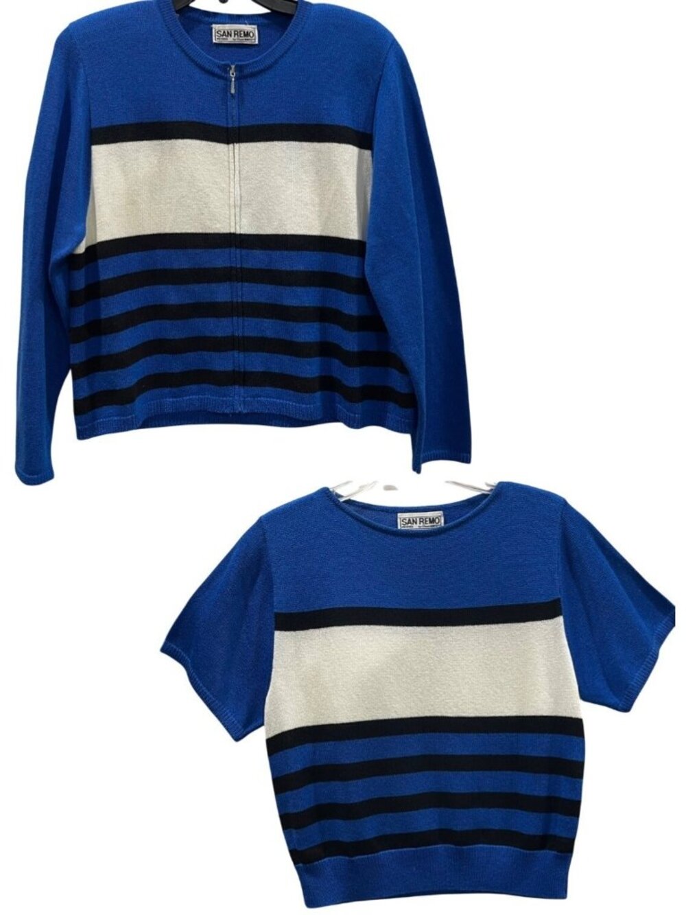 Vtg 80s San Remo Knit Cardigan Top Set L Blue Black Colorblock Retro Twee Preppy